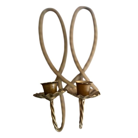 Vintage Twisted Metal Wall Candle Sconces – 1’ Tall Brass Gold Pair - Picture 1 of 2